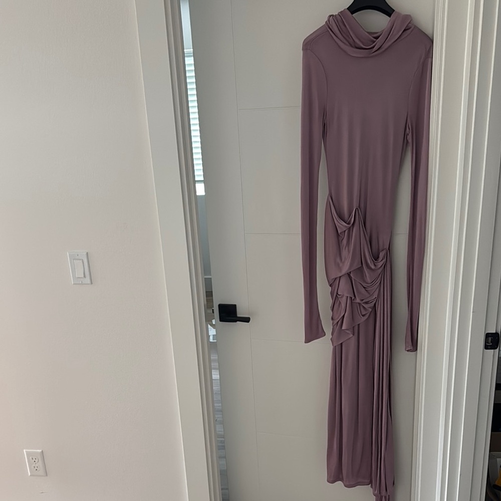 Helsa M Long Sleeve Draped Midi Dress in Mauve